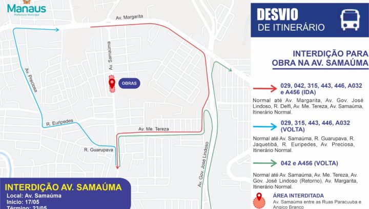 Linhas de ônibus terão itinerários alterados para obras de drenagem na avenida Samaúma