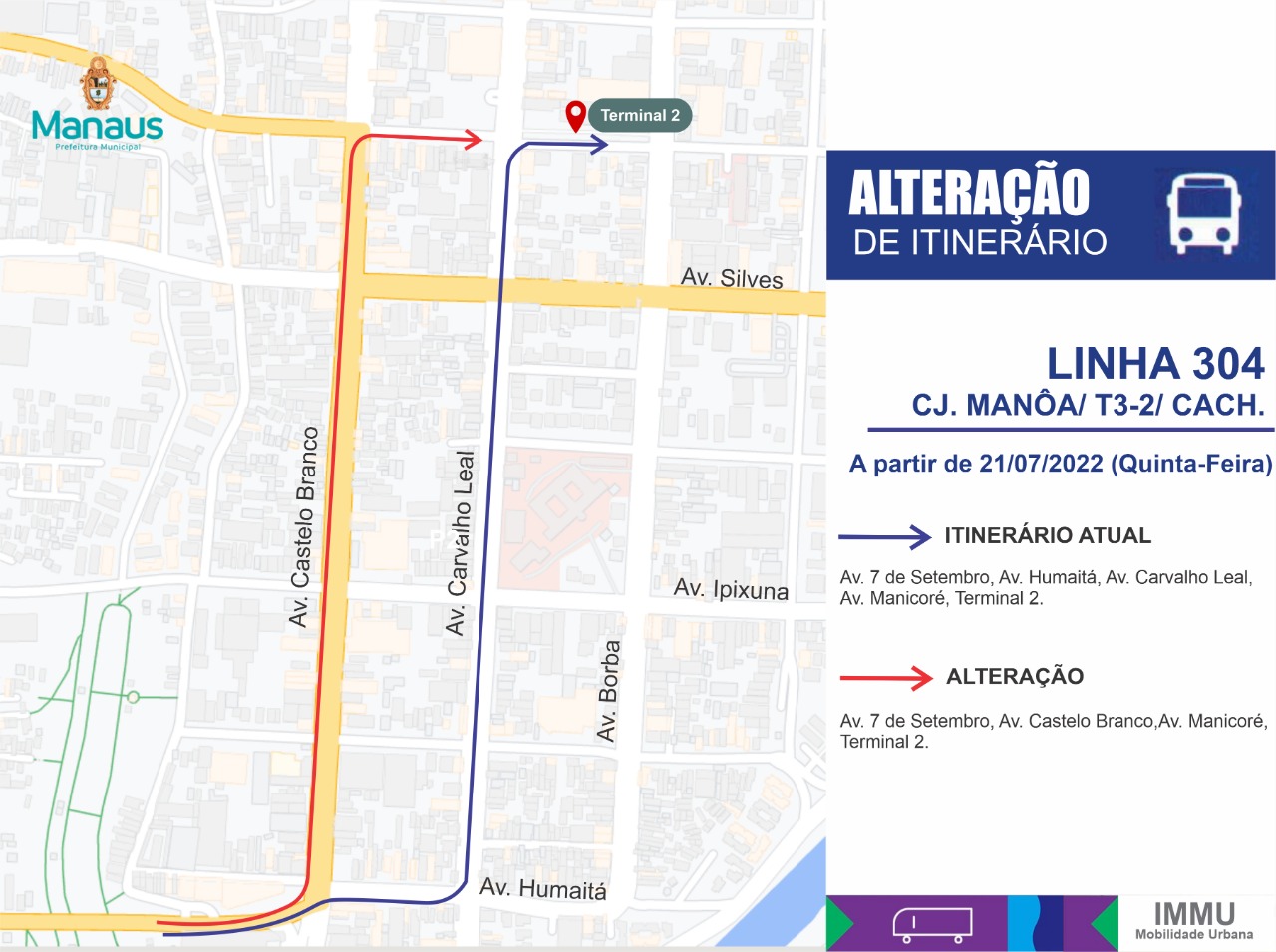 Itinerário da linha 304 sofre alteração em Manaus para atender usuários no bairro Cachoeirinha